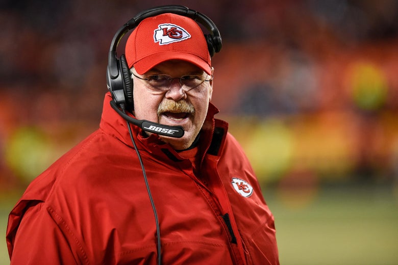 KANSAS CITY, MO - JANUARY 6: Head coach Andy Reid of the Kansas City Chiefs looks to the sidelines just before the Tennessee Titans run the last play of the AFC Wild Card Playoff Game at Arrowhead Stadium on January 6, 2018 in Kansas City, Missouri. (Photo by Jason Hanna/Getty Images)